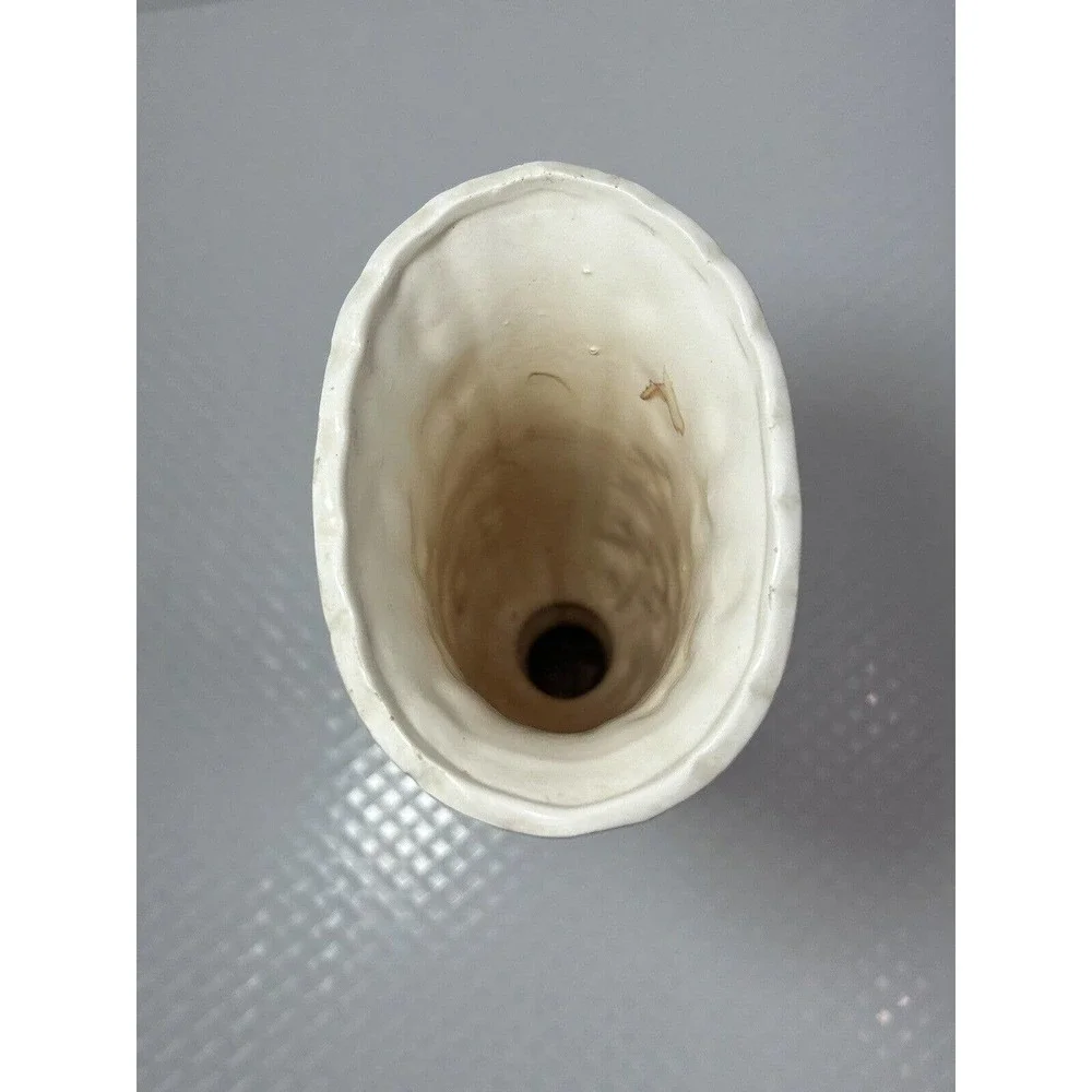 Pottery Pedestal Vase, White‎ & Tan, Raised Embossed Grapes & Leaves, Scalloped